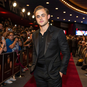 Dacre Montgomery, handsome young actor, at the premiere. Wearing a sleek black suit, standing in a crowded movie theater.