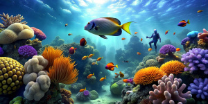 Underwater world with a diver on coral reef among the fish, high quality, 8k, realistic elements