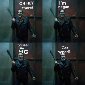 A series of animated emoticons depicting a character inspired by Negan. Each emoticon features unique expressions and poses with a weapon resembling Lucille. The backdrop alternates between various colors and humorous texts such as 'Oh hey there!', 'I'm Negan', 'Squeal like a pig', and 'Get hyped!'
