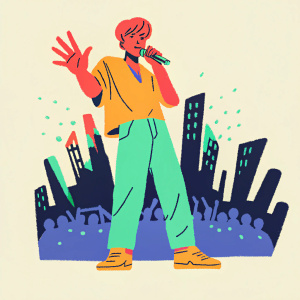 Mark Tuan Yi En, born in sunny Los Angeles, performs on stage. Background is vibrant city lights and crowded fans.