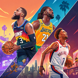 Dynamic NBA 2K21 promotional poster. Various in-game characters artfully arranged in vibrant, colorful scenes.