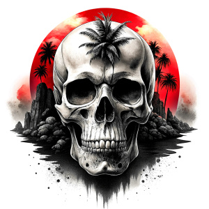 skull island tattoo design - perfect realistic art - high-definition - grey and black - white background 