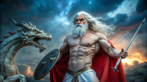 imagen completa Diomedes mata al gigantesco dragón que custodiaba la estatua, Foto realista,RealVisXl, cuerpo completo, pelo largo ondulado blanco, gran barba, ojos azules, sin camisa, su escudo y espada sosteniendo en la mano, con capa roja, Hiperrealista,4k , fondo tormentoso.