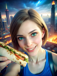 16 years old jill valentine holding and biting big sandwich  in burning night city, beautiful face, cute face, blue eyes, smirk, go pro shot, selfie shot