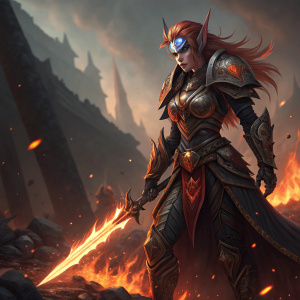 A fierce Blood Elf female warrior from World of Warcraft standing amidst swirling flames, detailed digital artwork.