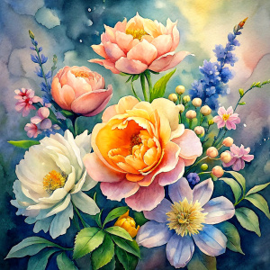 watercolor image ,Pink white Peonies Snowdrops, lobelia, canna,salvia , carnation, Common Crape Myrtle., Ranunculus viburnum, wax flower, dandelion, geranium , watercolor , watercolor , artichoke ,aster,pansy,poppy ,lavender,anemone ,oleander , succulent