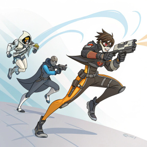 Illustration of Overwatch heroes. Characters are in action poses. Background is minimalist.