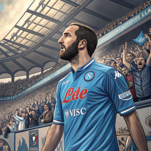 Gonzalo Higuain, dressed in a blue jersey with sponsors' logos, standing in a stadium. Crowded stands, noisy spectators, and excitement all around.