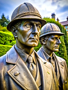 A bronze statue of Sherlock Holmes and Dr. Watson