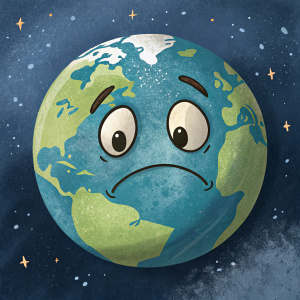 A cartoon earth emoting with a frowning face and worried expression.