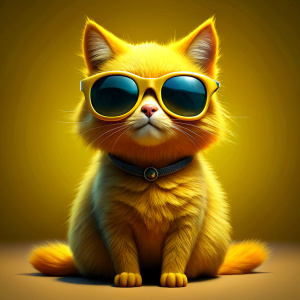 a yellow sitting cat with sunglasses like a rock star