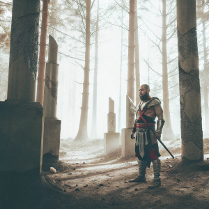Jason Momoa as Kratos in promotional photo for 'God of War'. Grimacing face, standing in a dark forest with ancient ruins
