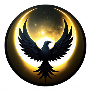 Logo image of a symbol of two crescent moons and a full moon are above a circle of a beautiful black dove with large black wings and a golden halo. 