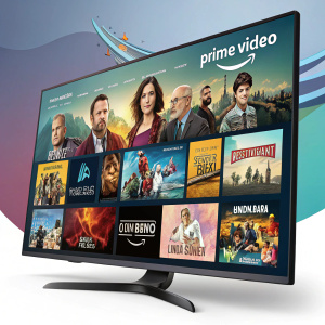 Interactive digital interface showcasing a mosaic of TV show and movie thumbnails from Amazon's Prime Video platform.