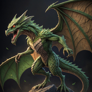 3D digital rendering of Ridley from Super Metroid. In-flight attack pose, detailed moss-like green scales, dark void background.