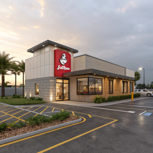 Modern 3D model of Jollibee restaurant. Sleek design, flat facade, and prominent logo in a subdued color palette. Background shows a well-organized parking and drive-through area with clear signage.
