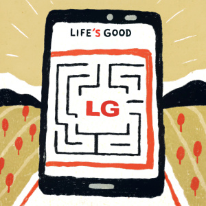 Facebook ad showcasing an LG mobile campaign in Ecuador. Maze-like puzzle design with the slogan 'Life's Good' at the top.