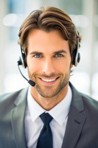 Handsome male call center operator in headset working in modern office. Hotline support service concept