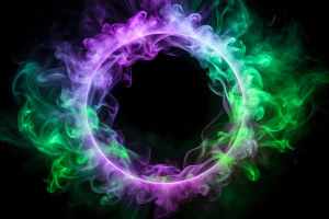 purple green color glowing geometric smoke circle on black background