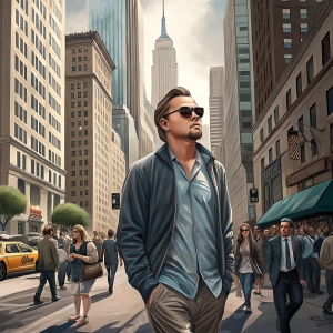 Leonardo DiCaprio walking down a bustling New York City street. Crowds of people, tall buildings in the background. He wears a casual outfit and sunglasses.