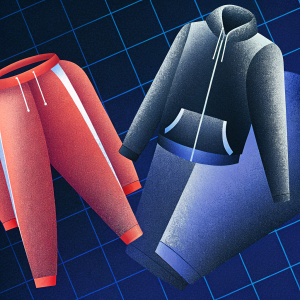 Alphalete Athletics brand image featuring vibrant red and sleek black sports apparel. Highlighting the fabric texture of both versions of their clothing line. Set against a dark grid pattern background.