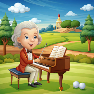 cartoon mozart playing piano on a golf course golf club, golf ball and history books