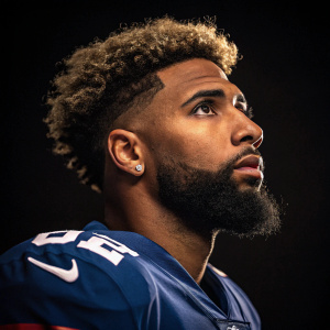 Close-up portrait of Odell Beckham Jr., star NFL player. Dark background, intense expression. Wearing team jersey.