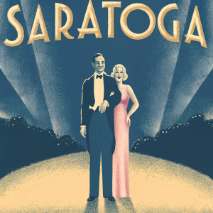 Vintage movie poster featuring Clark Gable in a black suit and bowtie, alongside Jean Harlow in a pink dress, promoting the film 'Saratoga.'