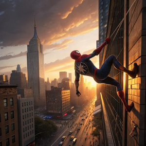 Spider-Man leaping off a skyscraper in Manhattan, webs flailing, sunset hues casting a golden glow. City lights and bustling streets below.