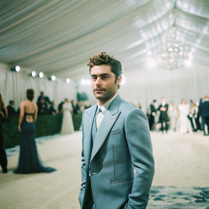 Zac Efron in a sharp blue suit at the Met Gala. Soft, dramatic lighting. Background is crowded and vibrant.