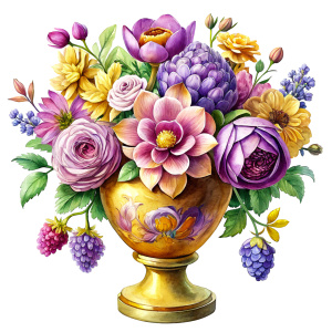 a WATERCOLOR IMAGE, Antique Bohemian Enamel decorated parlament yellow   Glass Vase, decorated with gold fine porcelain flowers .THERE ARE IN THE VASE : amaranth  peonies  , cream  WEEDS ,burgundy PEONIES,light orange Bougainvillea, purple dandelion ,plum geranium,Narcissus,mint crocusES ,mauve daffodil ,mustard roses ,amaranth Damarion s,  blue  tulips , pink freesia , lavender Common Crape Myrtle ,red Watsonia ,tritoma.carmine Chandramallika, burgundy VIOLETS ,orange  SISYMBRIUM,CREAM CHAMOMIL