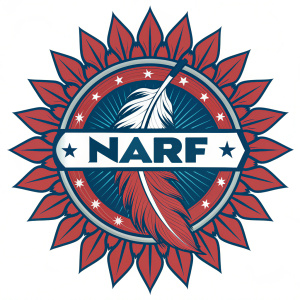 A vibrant logo for 'NARF', featuring a bold, graphic style with modern and traditional elements. The design includes a stylized feather surrounded by a sunburst-like pattern in rich red and blue hues, drawing inspiration from Native American symbolism.