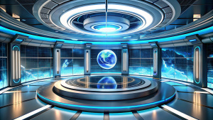 A sleek virtual news studio with advanced tech, featuring dynamic projections, LED halos, and futuristic screens. Conceptualized with an urban or space station theme, predominantly white. Enriched with vibrant colors and 3D elements for immersion. Maintaining a viewer's perspective, it crafts a visually rich and advanced fashion-forward virtual news studio with an ultra-wide-angle view, depth, a large aperture, and a subtle blur in the distant background.
