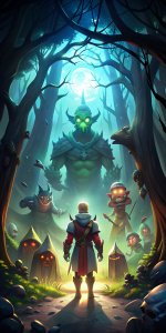 game intro screen with hero turned out in middle and monsters around in dark forest