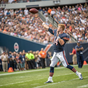 Andy Dalton, dressed in Chicago Bears jersey number 14, throwing the ball at a packed stadium. Crowd blurry in background