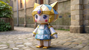 cute lowpoly Paper robot (papercraft Sailor moon chibi hand colored) in japanese street. She covered in paper texture