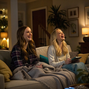 Lauren Lindsey Donzis and Dove Cameron in a cozy, dimly lit living room, sharing a laugh. 'Liv and Maddie: Cali Style' indoor scene