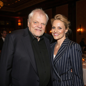 Brian Dennehy and Jennifer Arnott at an indoor gala, both dressed in elegant attire. Brian in a dark suit, Jennifer in a pinstriped blazer. Warm lighting, friendly atmosphere, dim background.