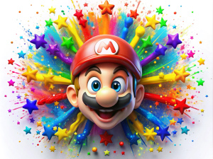 Crea la cabeza de MARIO BROS realista, sobre una explosión de pintura 3d colorida y realista a su alrededor. Con pintura escurriendo bajo su cabeza, sobre un fondo blanco Y ESTRELLAS LUMINOSAS