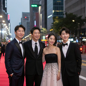 South Korean celebrities Sim Hyung-Tak, Lee Soo-Kyung, Yoon Du-Jun, and Yoon So-Hee at a movie premiere. Posing formally in front of a bustling city street backdrop.