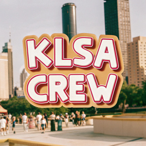 KLSA CREW logo designed with bold, colorful graffiti letters. Vibrant cartoon cityscape backdrop.