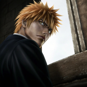 Close-up of Ichigo Kurosaki from Bleach manga. Brightly colored hair, sharp facial features, dynamic lines. Against a stark white background, highlighting his vibrant hairstyle.