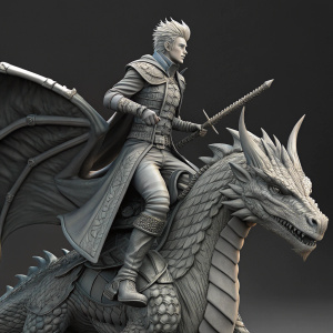 Digital 3D model of Vash the Stampede from Trigun, sitting heroically atop a dragon-like steed. Gray shades, detailed textures, and dynamic pose.