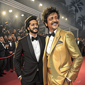 Riteish Deshmukh and Chunky Pandey at film festival premiere. Deshmukh in black tuxedo, Pandey in gold suit. Crowd cheering in background