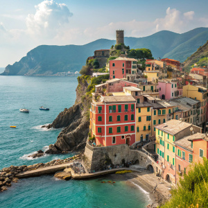Colorful houses of Vernazza village in Cinque Terre, Italy. Coastal view, cliffside location, blue sea in background.