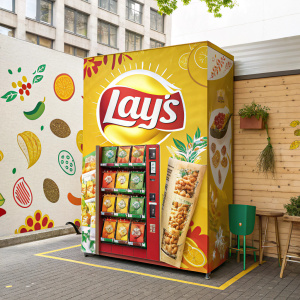A vibrant and eye-catching advertisement for Lays potato chips. The ad showcases an array of colorful chip packets, placed creatively within a playful vending machine-inspired display, surrounded by playful graphics and catchy slogans.