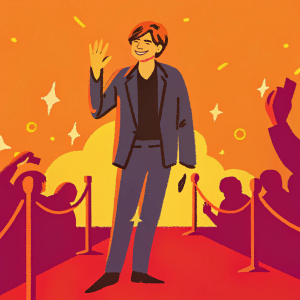 Thomas Brodie-Sangster at a Hollywood premiere. Styled brown hair, dark blazer, and black shirt. Red carpet bustling with fans and paparazzi in the background.