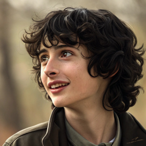 Hyper-realistic digital painting of Finn Wolfhard. Dark curly hair, earthy toned palette, blurred background, focusing on face and upper body.