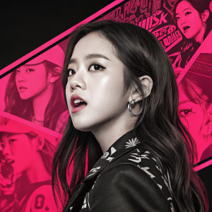 Promotional poster for BLACKPINK featuring Jisoo. Dynamic collage of various facial expressions and close-ups, set against a dramatic pink and black color scheme. Stylized graphic design highlighting Jisoo's face.