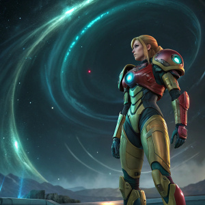 Digital artwork of Samus Aran from Metroid Dread. Wearing Power Suit. Futuristic environment with nebula backdrop.
